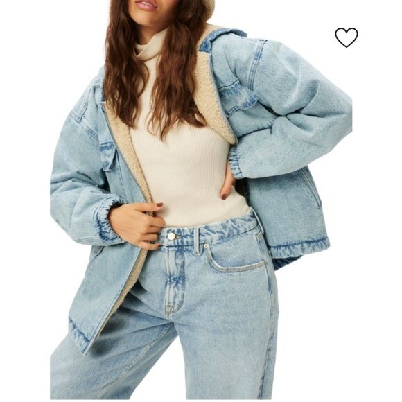 Good American Jacket Blue Denim Cozy Sherpa Lined Oversized Coat Size 1/2 (M/L) - Picture 1 of 13